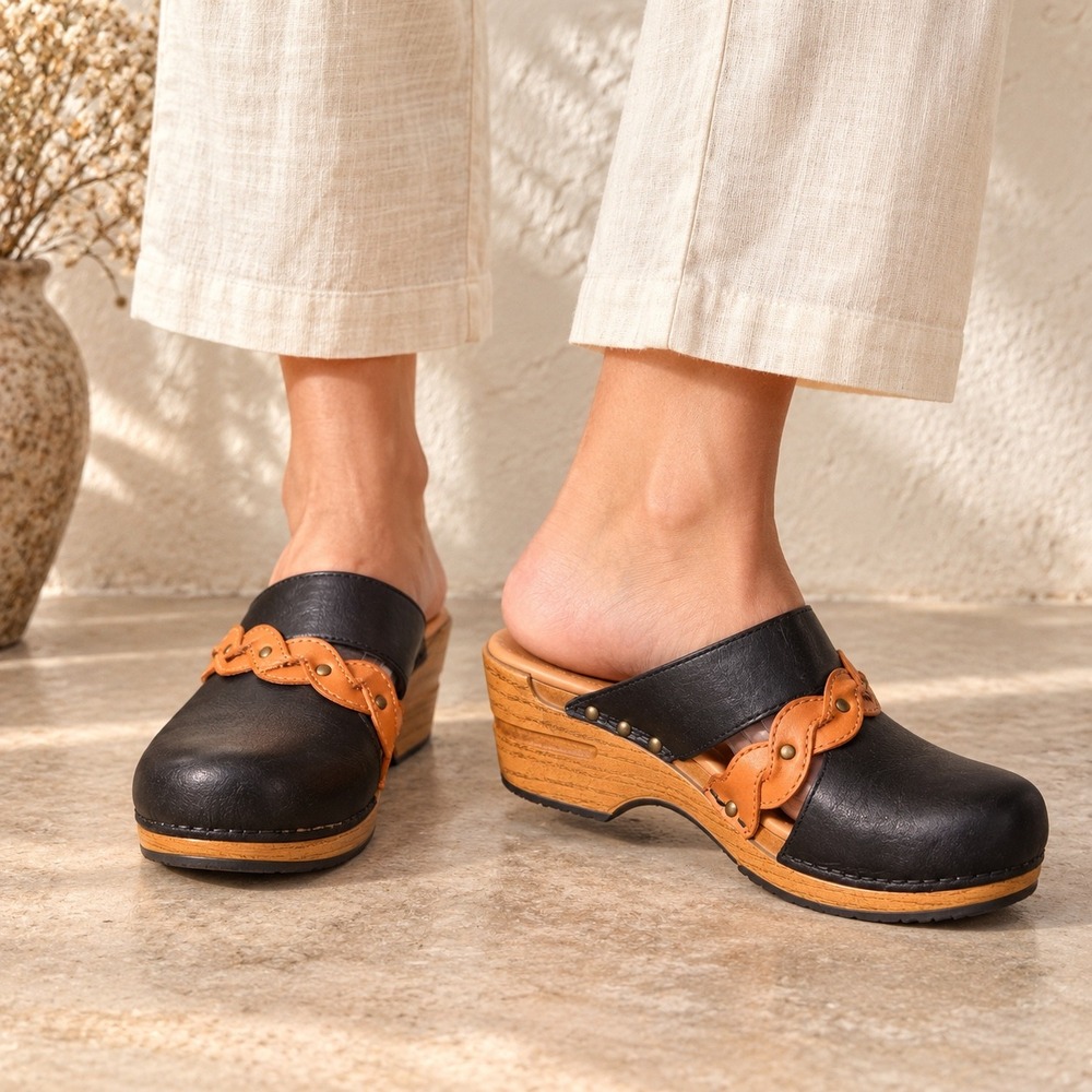 Dansko Black Leather Closed Toe Wedge Clog Sandals EU 40 Boho Braided